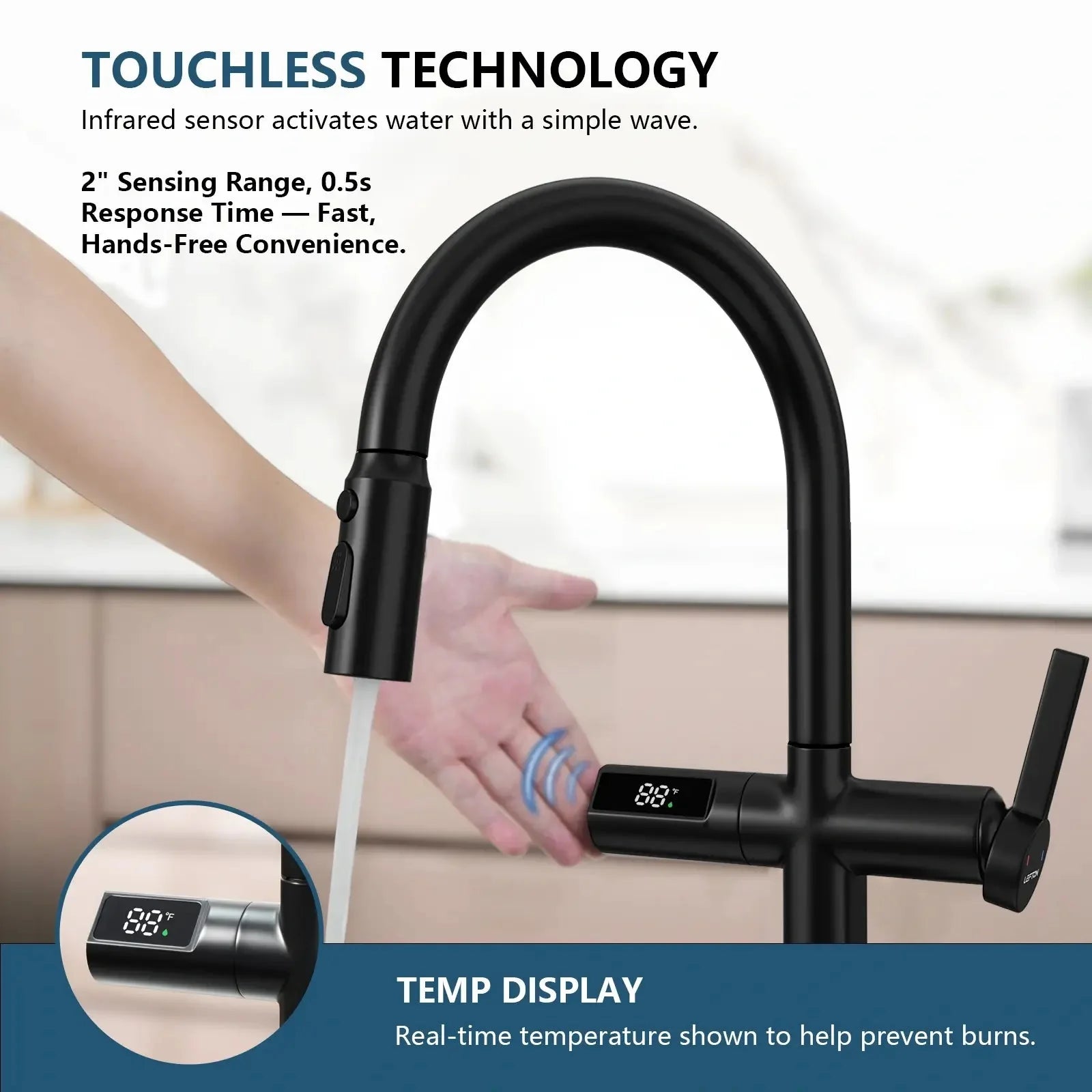 Recertified-Lefton Touchless Sensor Kitchen Faucet with Temperature Display-KF2206-US