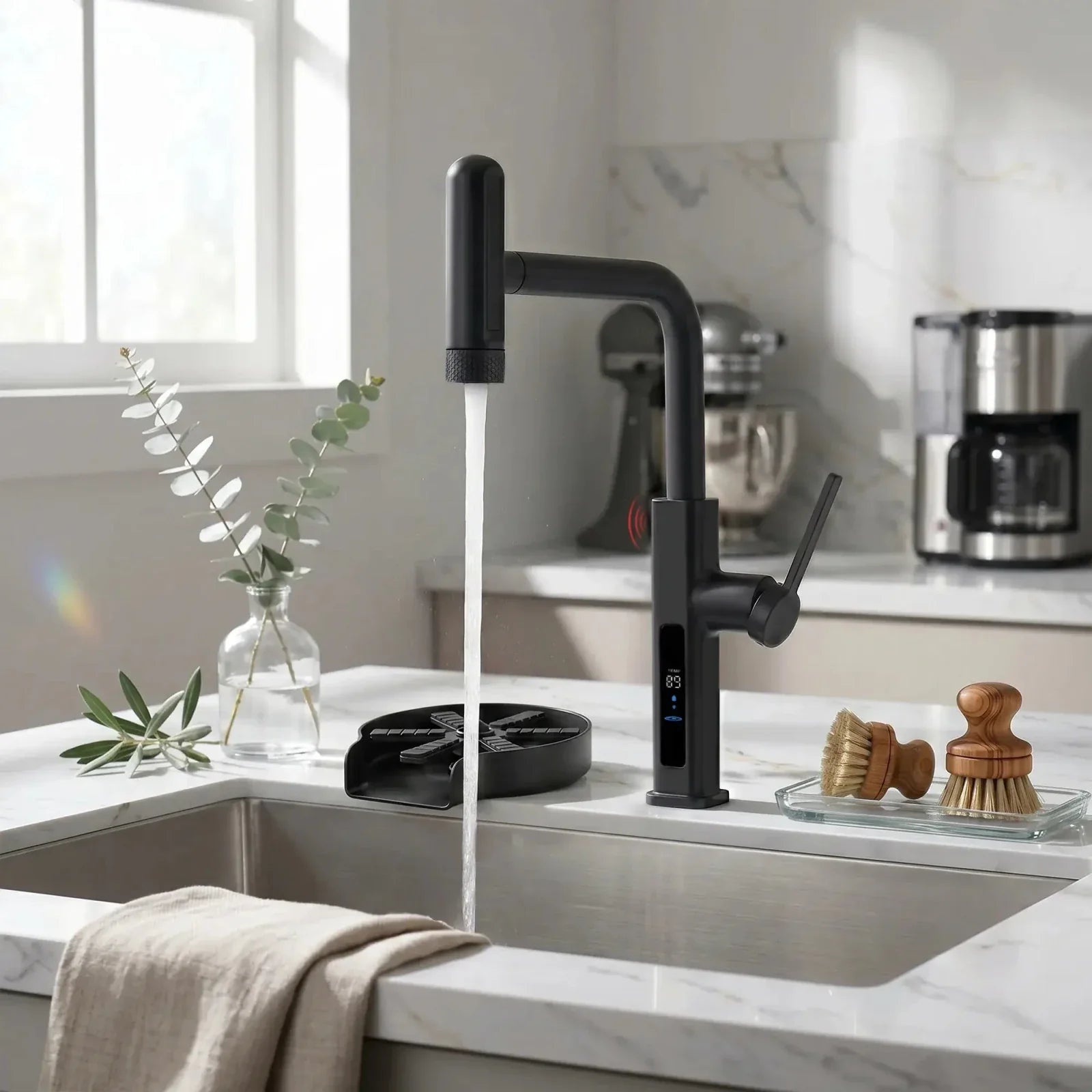 Lefton Touchless Waterfall Kitchen Faucet-KF2209-PRO with Countertop Glass Rinser-KFR2202