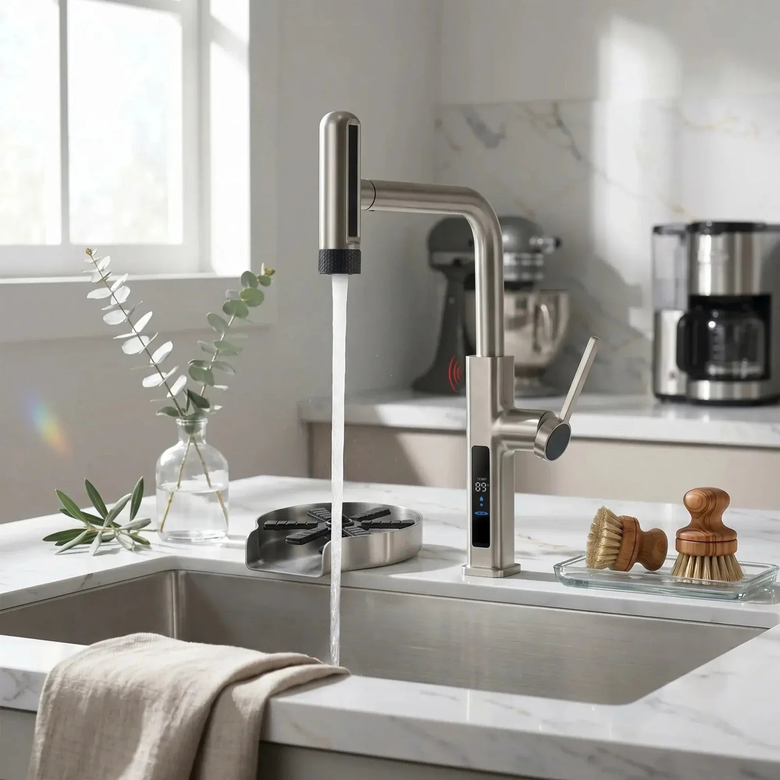 Lefton Touchless Waterfall Kitchen Faucet-KF2209-PRO with Countertop Glass Rinser-KFR2202