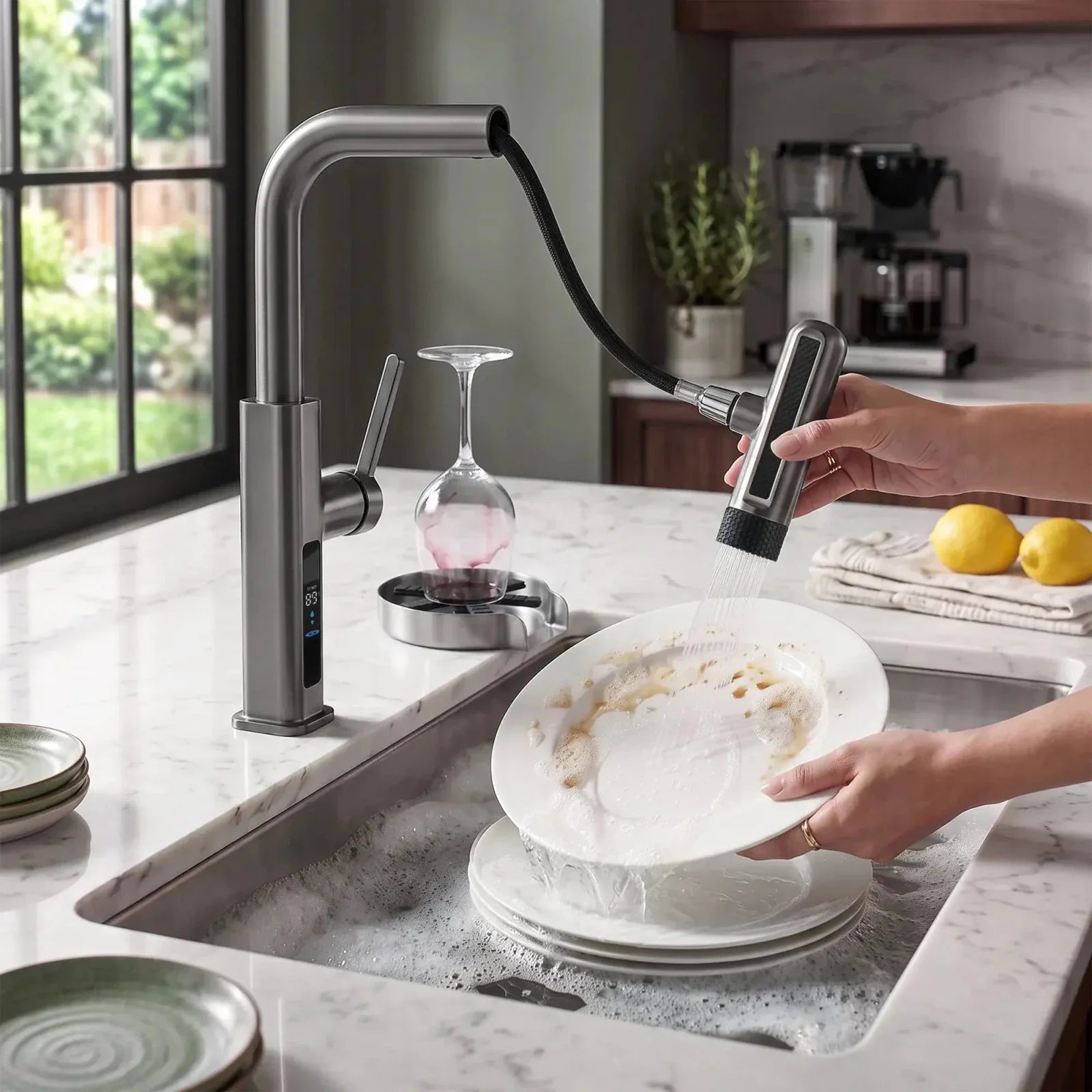 Lefton Touchless Waterfall Kitchen Faucet-KF2209-PRO with Countertop Glass Rinser-KFR2202