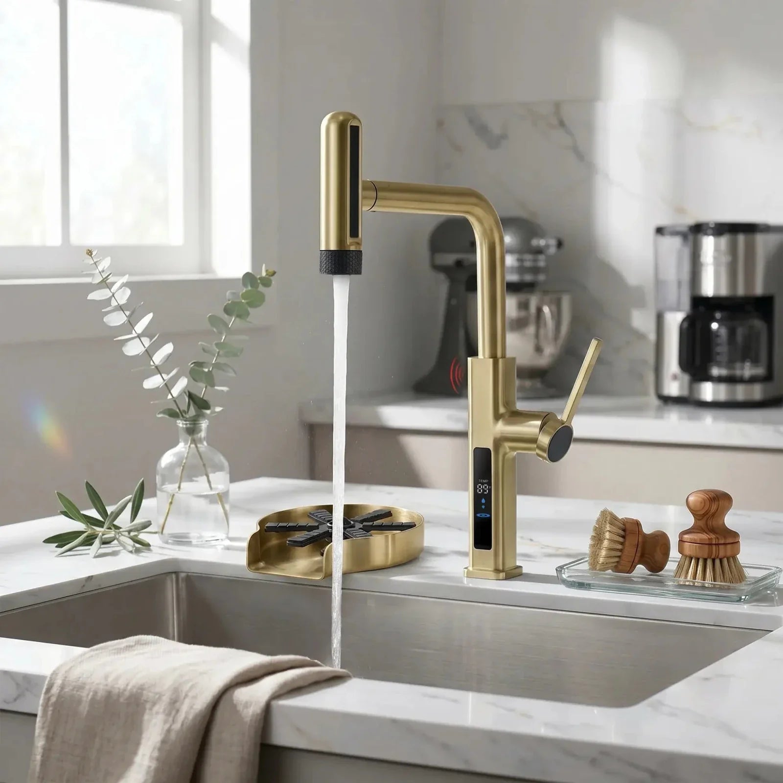 Lefton Touchless Waterfall Kitchen Faucet-KF2209-PRO with Countertop Glass Rinser-KFR2202