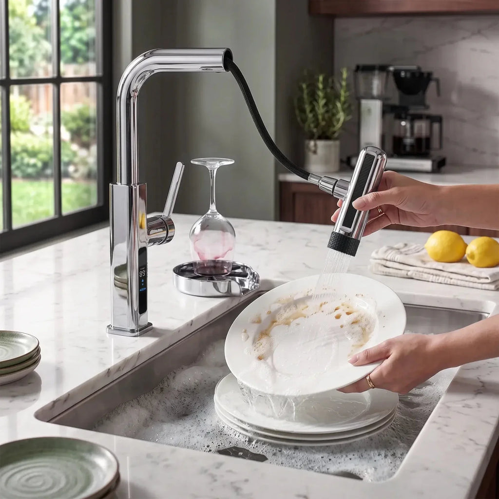 Lefton Touchless Waterfall Kitchen Faucet-KF2209-PRO with Countertop Glass Rinser-KFR2202
