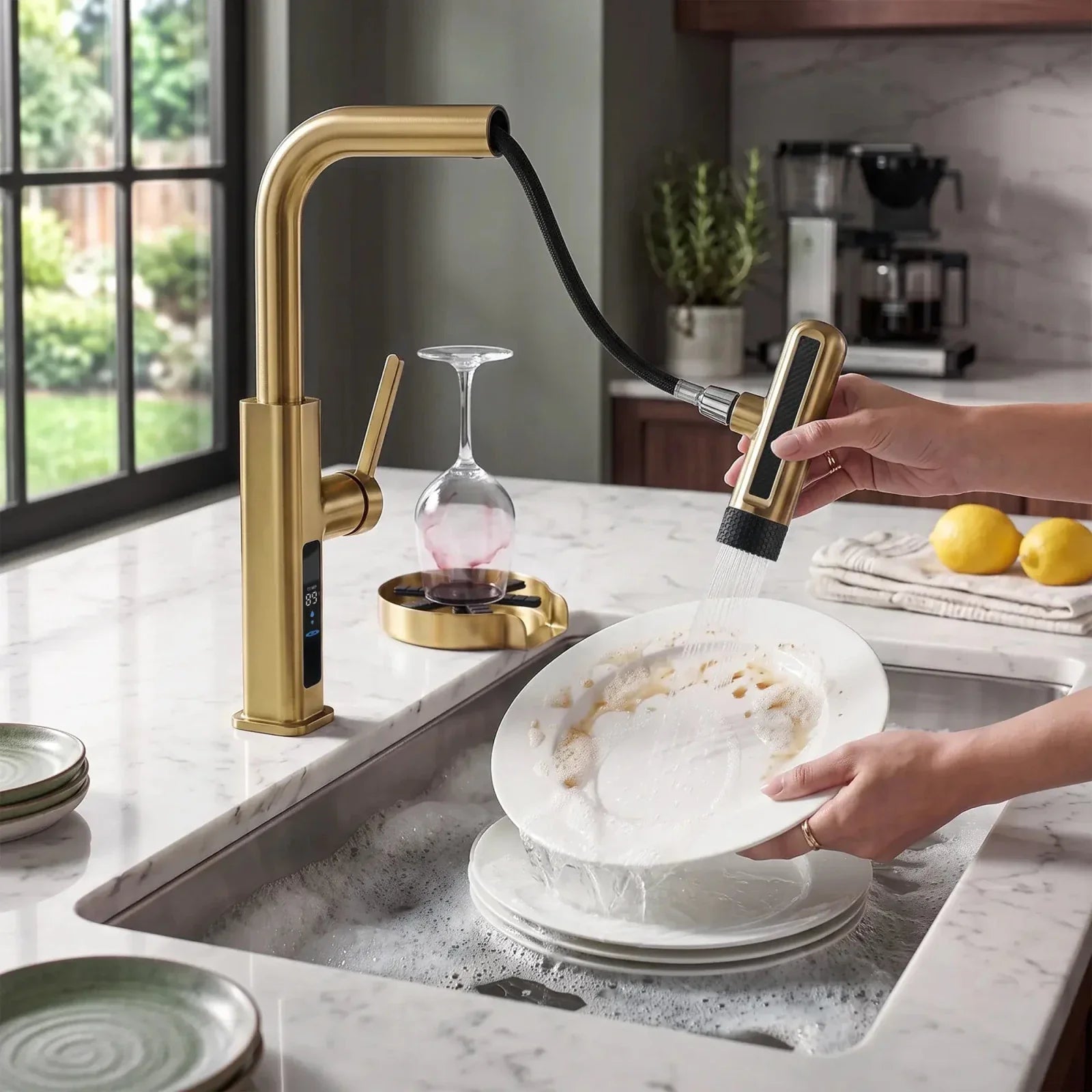 Lefton Touchless Waterfall Kitchen Faucet-KF2209-PRO with Countertop Glass Rinser-KFR2202