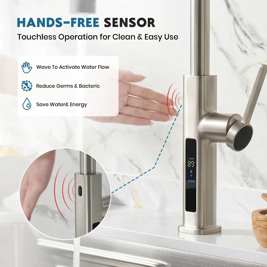 Lefton Touchless Pull-Out Kitchen Faucet with TEMP Display & 6 Water Modes-KF2209-PRO