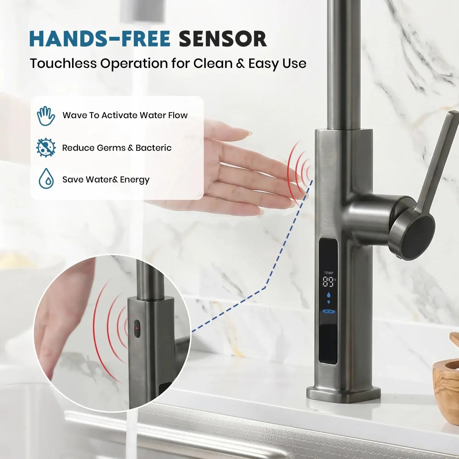 Lefton Touchless Waterfall Kitchen Faucet-KF2209-PRO with Countertop Glass Rinser-KFR2202
