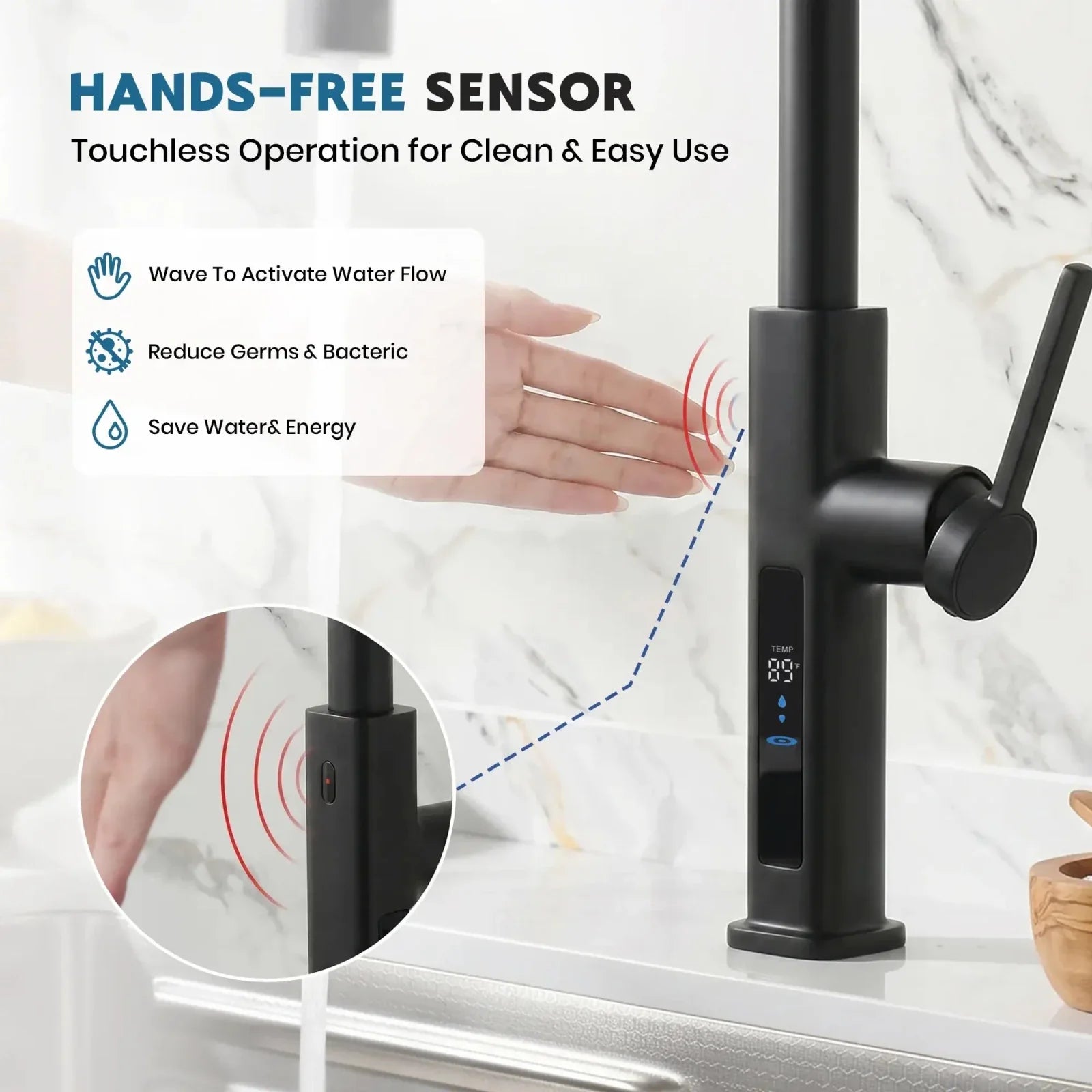 Lefton Touchless Pull-Out Kitchen Faucet with TEMP Display & 6 Water Modes-KF2209-PRO