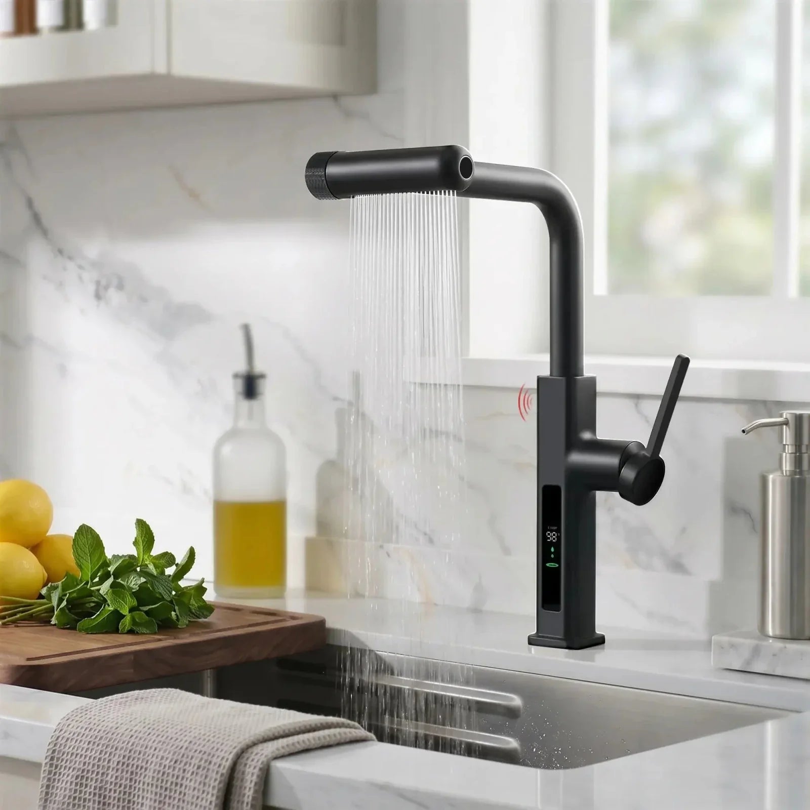 Lefton Touchless Waterfall Kitchen Faucet-KF2209-PRO with Countertop Glass Rinser-KFR2202