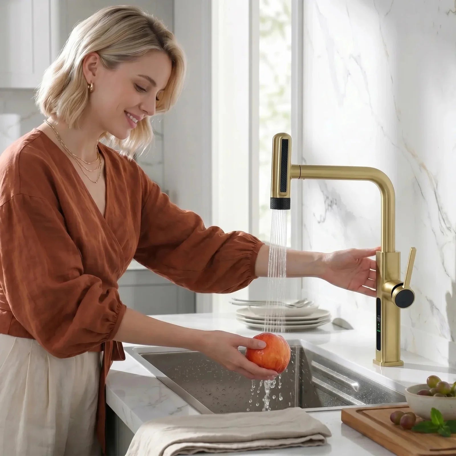 Lefton Touchless Waterfall Kitchen Faucet-KF2209-PRO with Countertop Glass Rinser-KFR2202